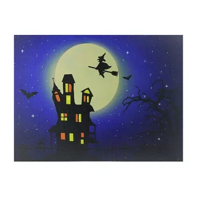 Northlight Fiber Optic Led Witch In Moon Canvas Art In Blue