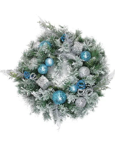 Northlight Flocked Blue & Silver Sequin Ornaments Artificial Pine Christmas Wreath