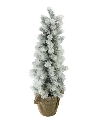 Northlight Flocked Mini Pine Christmas Tree With Berries In Burlap Covered Vase In White