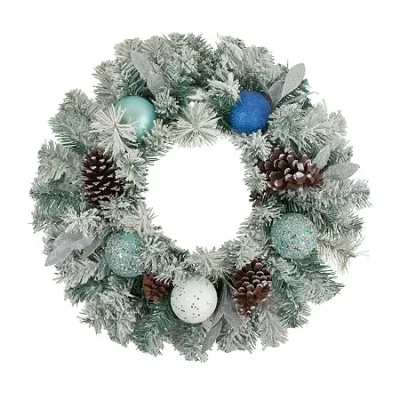 Northlight Flocked Pine With Blue And Silver Ornaments Artificial Christmas Wreath 24-inch Unlit In Multi