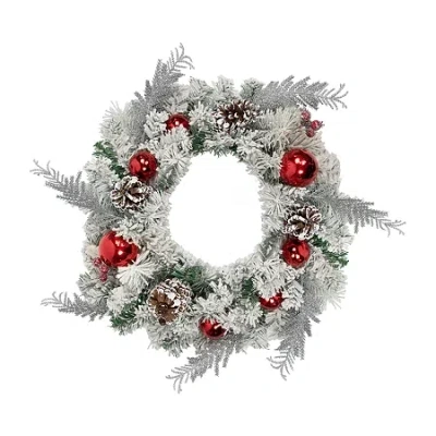 Northlight Flocked Pine With Red Ornaments Artificial Christmas Wreath 24-inch Unlit In Multi