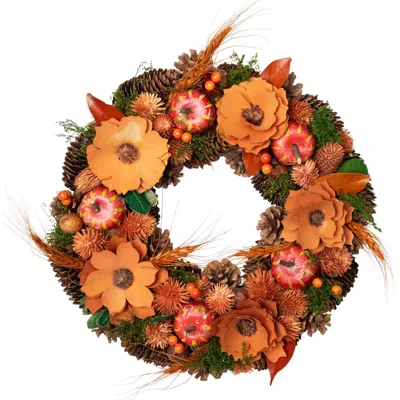 Northlight Flowers And Gourds Pine Cone Artificial Fall Harvest Wreath In Orange