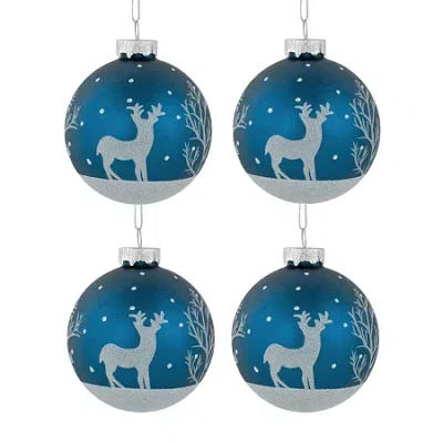 Northlight Glass Ball With Reindeer 4-pc. Christmas Ornament In Blue