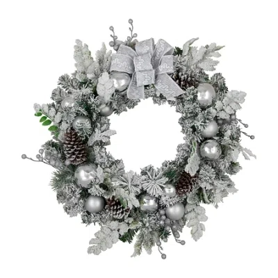 Northlight Glitter And Frosted Foliage Artificial With Bow 30-inch Unlit Wreath In Gray