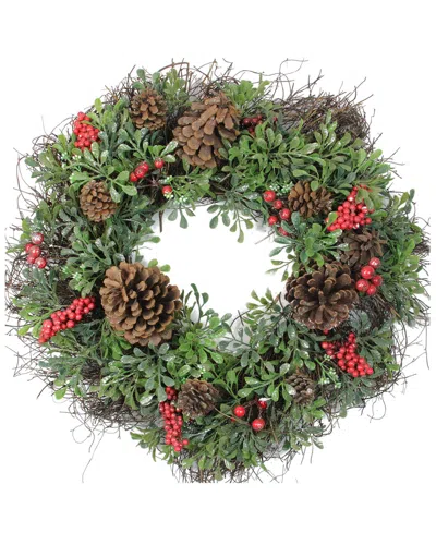 Northlight Glittered Artificial Boxwood Pine Cone & Red Berry Christmas Wreath In Green