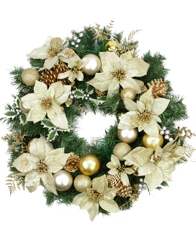 Northlight Gold Poinsettia & Pinecone Artificial Christmas Wreath In Neutral