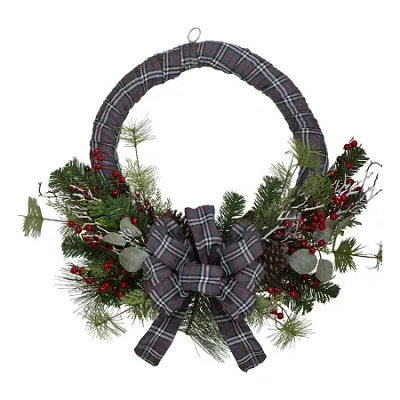 Northlight Gray And Red Plaid Artificial With Red Berries 24-inch Unlit Wreath In Multi