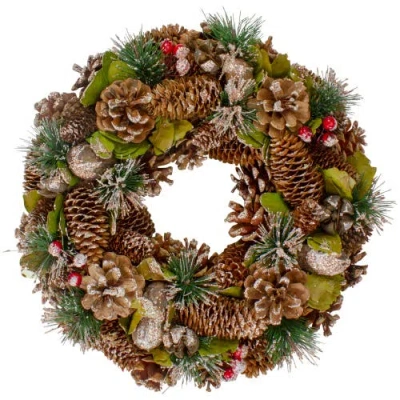 Northlight Green And Brown Frosted Pinecones And Bells Christmas Wreath