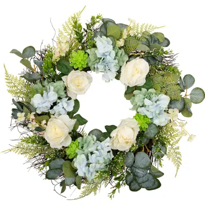 Northlight Hydrangea, Rose And Geranium Artificial Floral Spring Wreath, White And Blue