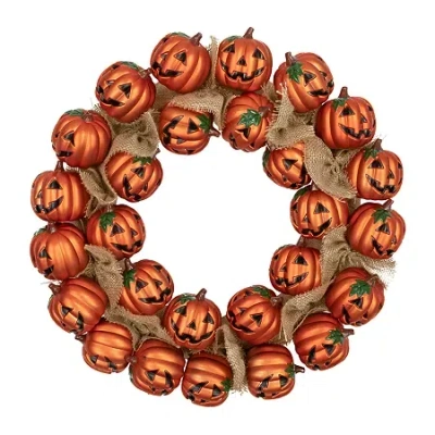 Northlight Jack-o-lantern And Burlap Ribbon Halloween Wreath 20-inch Unlit In Orange