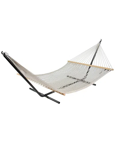 Northlight Lattice Macrame Netted Hammock With Wooden Bars In White