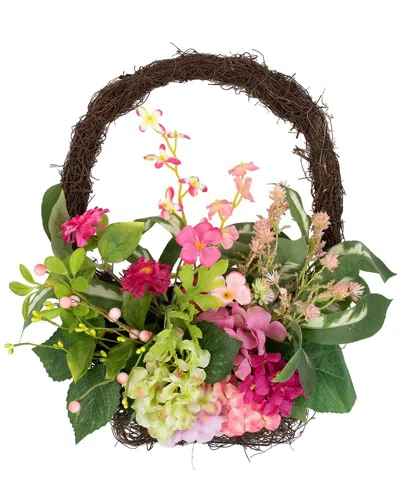 Northlight Leafy Hydrangea Floral Hanging Basket In Pink