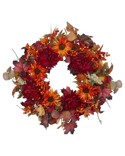 Northlight Leaves And Flowers Fall Harvest Wreath - 24-in Unlit In Orange