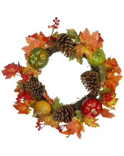 Northlight Leaves  Pine Cones And Pumpkins Artificial Fall Harvest Wreath - 20-in Unlit In Orange