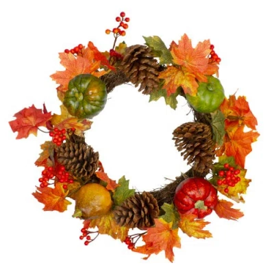 Northlight Leaves, Pine Cones And Pumpkins Artificial Fall Harvest Wreath In Multi