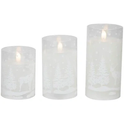 Northlight Led Flameless Flickering Snowy Woodland Glass Christmas Pillar Candles In White