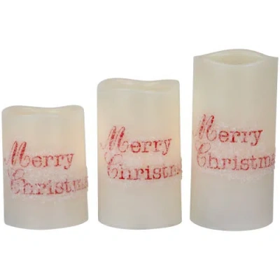 Northlight Led Flameless Frosted "merry Christmas" Wax Pillar Candles In White