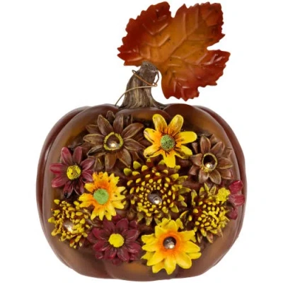 Northlight Led Lighted Solar Powered Floral Fall Harvest Pumpkin Outdoor Decoration In Brown
