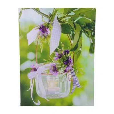 Northlight Led Lighted Tea Candle With Purple Flowers Canvas Wall Art 15.75" X 11.75" In Green