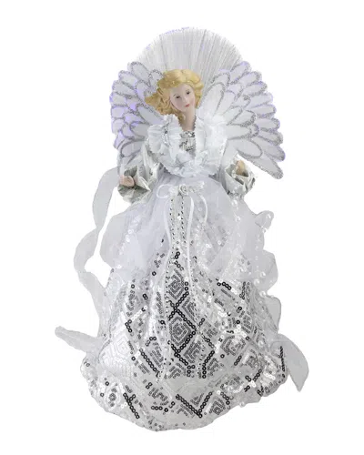 Northlight 16" Lighted Fiber Optic Angel In White And Silver Sequined Gown Christmas Tree Topper