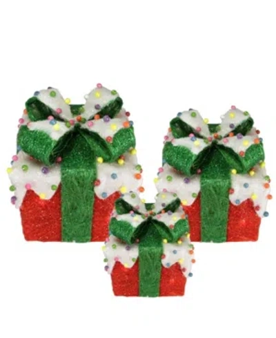 Northlight Lighted Snow And Candy Covered Sisal Gi Boxes Christmas Outdoor Decorations In Red