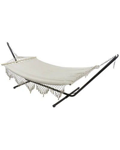 Northlight Macrame Cotton Hammock With Wooden Bars In White