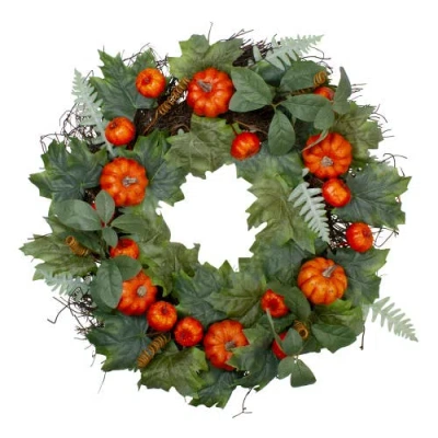 NORTHLIGHT NORTHLIGHT MAPLE AND FERN LEAVES WITH PUMPKINS ARTIFICIAL WREATH, ORANGE 24-INCH