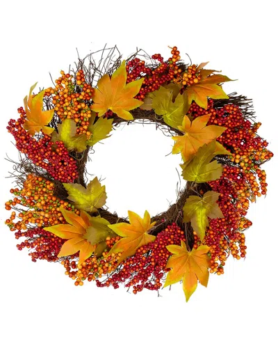 Northlight Maple Leaf And Berry Twig Artificial Fall Harvest Wreath 22-inch In Orange