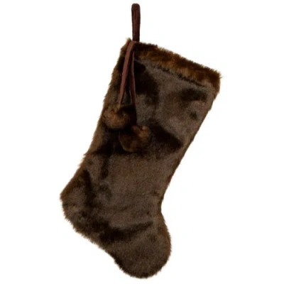 Northlight Mink Faux Fur Christmas Stocking With Pom Poms In Brown