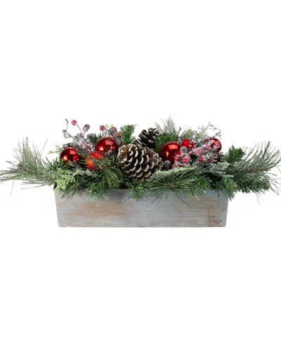 Northlight Mixed Pine And Ornaments Artificial Christmas Arrangement In Wood Planter, 24" In Green