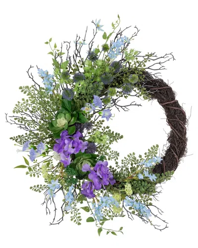 Northlight Mixed Wild Flowers & Twig Artificial Wreath In Blue