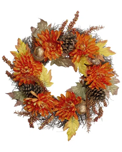 Northlight Mums & Acorns Artificial Floral Twig Wreath In Orange