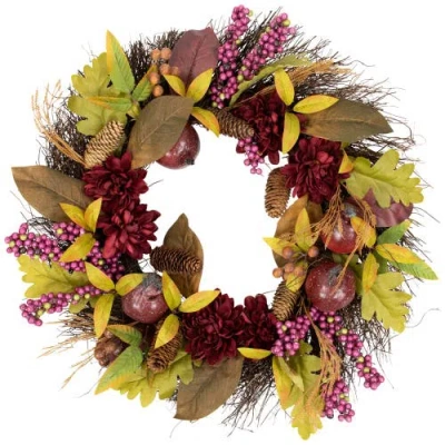 Northlight Mums And Pomegranates Artificial Fall Harvest Twig Wreath, 24-inch In Brown