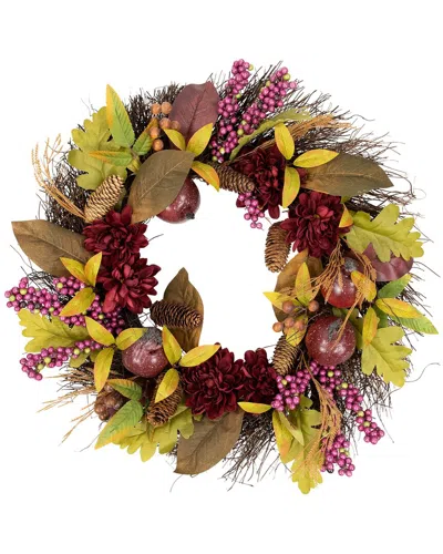 Northlight Mums & Pomegranates Artificial Fall Harvest Twig Wreath In Brown