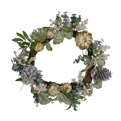 Northlight Neutral Colored Pumpkin And Pine Cones Fall Harvest 18-inch Unlit Wreath In Green