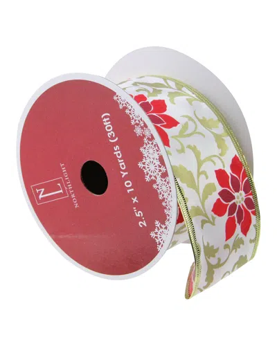 Northlight Pack Of 12 Red Poinsettia Print Gold Wired Christmas Craft Ribbon Spools - 2.5 X 120 Yard In Green