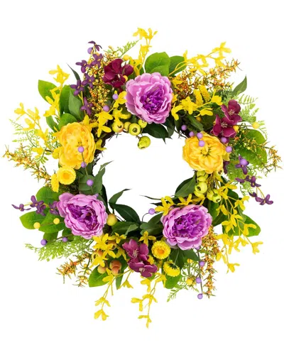 Northlight Peonies & Forsythia Wreath In Yellow