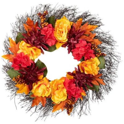 Northlight Peony And Mum Artificial Fall Harvest Wreath In Multi