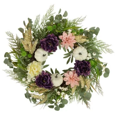 NORTHLIGHT NORTHLIGHT PEONY, DAHLIA AND PUMPKINS ARTIFICIAL FLORAL FALL HARVEST WREATH