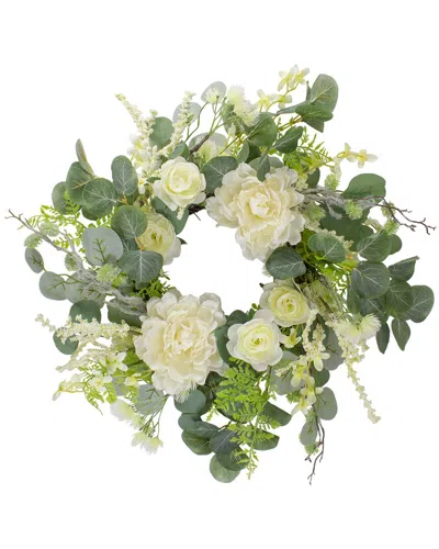 Northlight Peony Rose & Mixed Foliage Artificial Wreath In White
