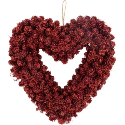 Northlight Pine Cone Rose Valentine's Day Wooden Heart Wreath In Red