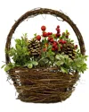 Northlight Pine Cones Berries & Boxwood In Twig Basket Christmas Tabletop Decoration