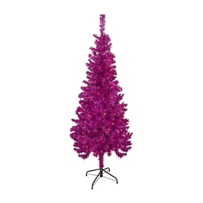 Northlight Pink Artificial Tinsel Clear Lights 6 Foot Pre-lit Christmas Tree In Purple