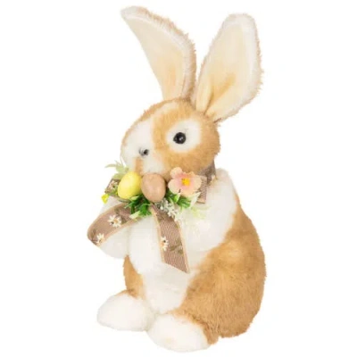 Northlight Plush Rabbit With Floral Bow Easter Figurine In Brown