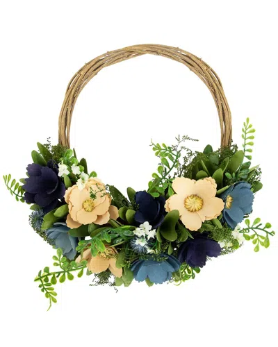 Northlight Poppy Floral Wooden Basket Wreath In Blue