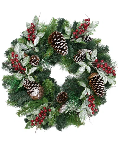 Northlight Pre-decorated Frosted Pine Cone & Red Berry Artificial Christmas Wreath In Green
