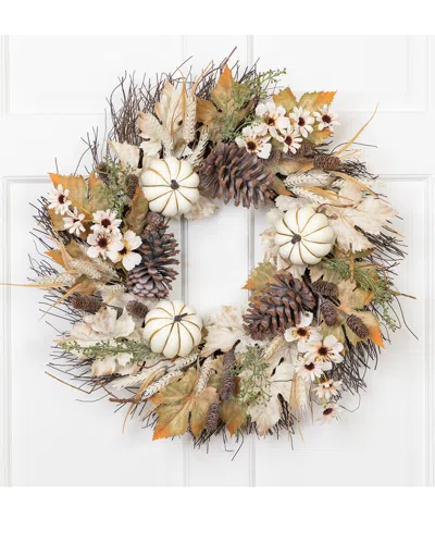 Northlight Pumpkin Wheat & Pinecone Artificial Floral Fall Harvest Wreath In Multi