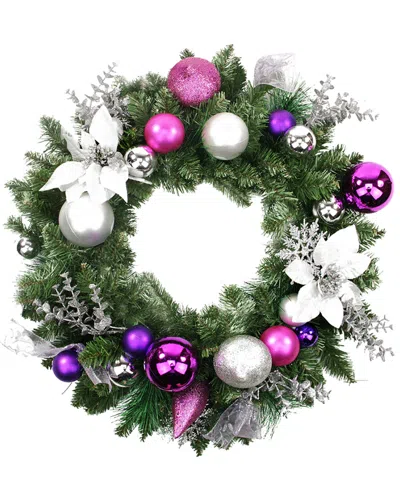Northlight Purple & Silver Poinsettia Eucalyptus Artificial Christmas Wreath In Green