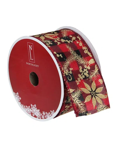 Northlight Red And Black Plaid Christmas Wired Craft Ribbon With Gold Poinsettias 2.5in X 16 Yards
