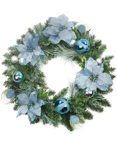 Northlight Regal Peacock Blue & Silver Poinsettia Artificial Christmas Wreath In Green
